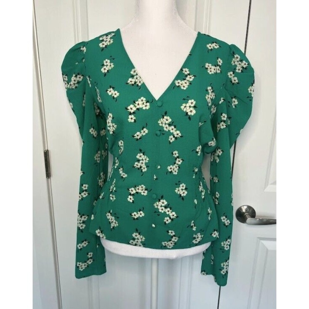 Free press top puffy shoulder gathered bottom green flowered medium